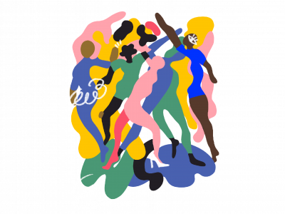 Eine abstrakte und bunte Illustration von Menschen unterschiedlicher Geschlechter und Hautfarben.