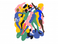 Eine abstrakte und bunte Illustration von Menschen unterschiedlicher Geschlechter und Hautfarben.
