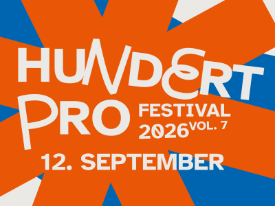 heller beiger Schriftzug "HundertPro Festival 2026 | Vol. 7 - 12. September" vor einem großen orangefarbenen Stern.