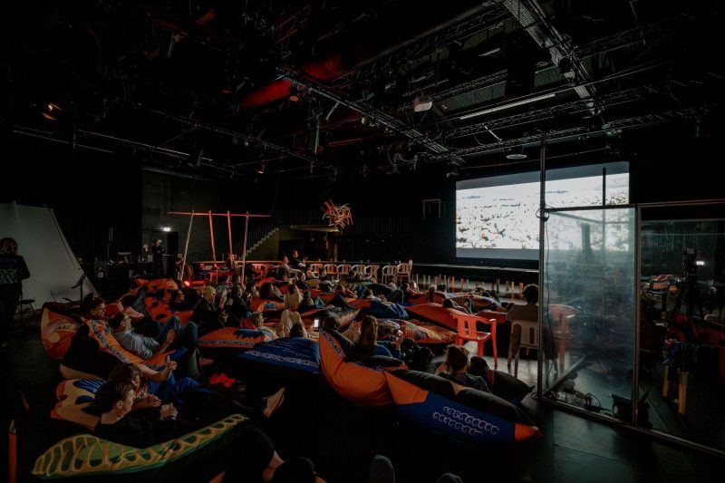Menschen sitzen in Sitzsäcken und schauen einen Film, der auf eine Leinwand projiziert wird.