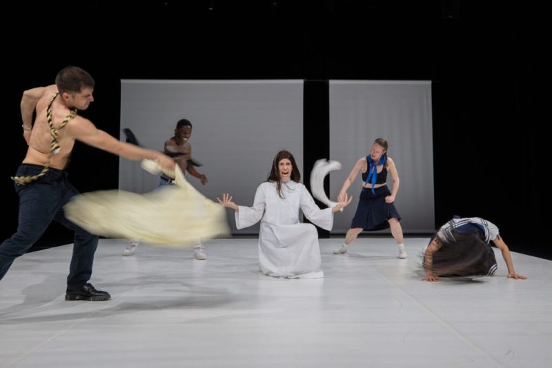 EIne Gruppe von Tänzer*innen auf einer Bühne, im Mittelpunkt eine Person in weiß